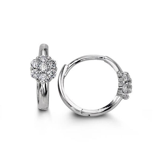 14K White Gold Huggies With Cz Flower Motif