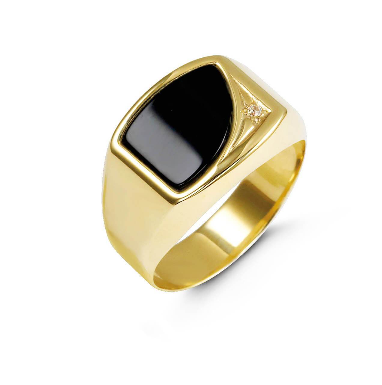 10K Yellow Gold Mens Signet Ring With Black Onyx Stone & CZ Stone