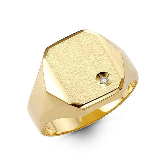 10K Yellow Gold Mens Signet Hexagonal Ring With CZ Stone