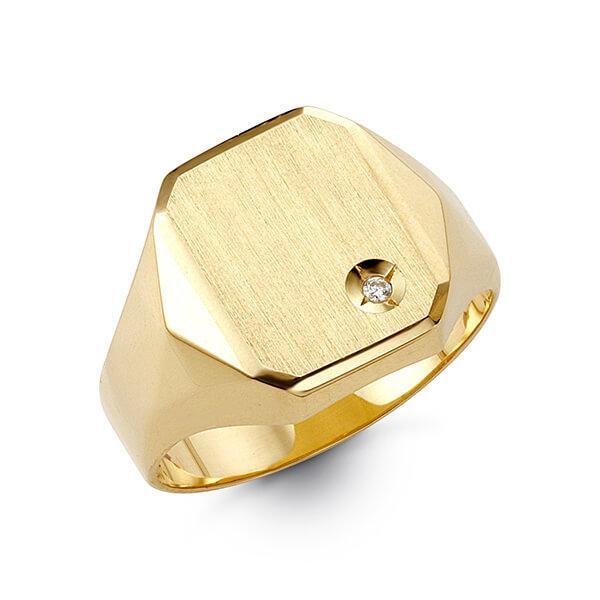 10K Yellow Gold Mens Signet Hexagonal Ring With CZ Stone