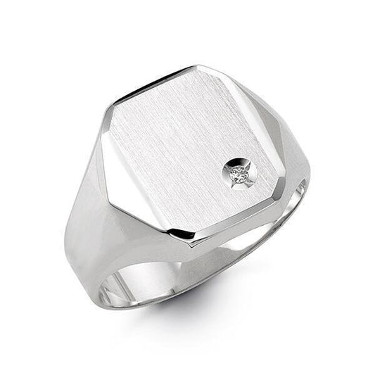 10K White Gold Mens Signet Hexagonal Ring With CZ Stone