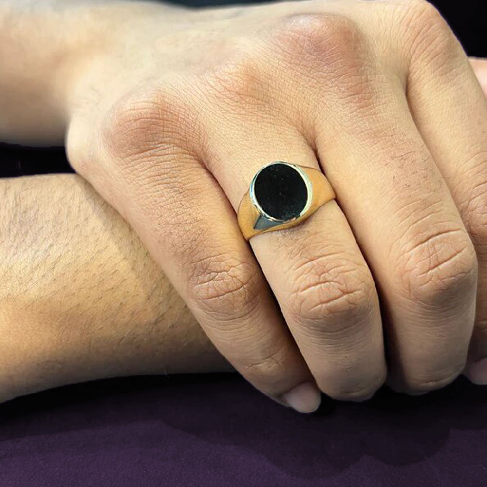 10K Yellow Gold Mens Signet Ring With Oval Black Onyx Stone