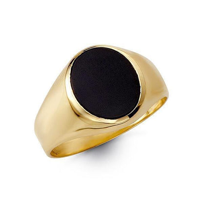 10K Yellow Gold Mens Signet Ring With Oval Black Onyx Stone