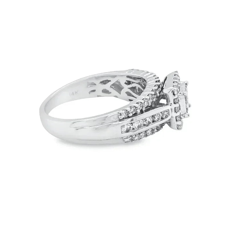 14K White Gold 1.00TDW Diamond Quad Princess Cut Halo Engagement Ring
