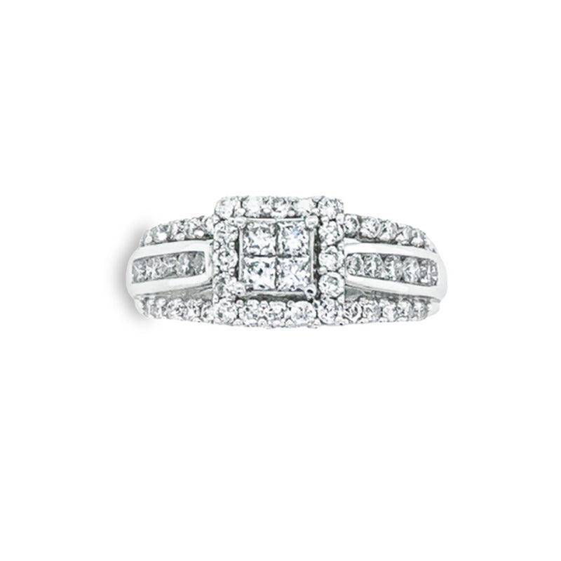 14K White Gold 1.00TDW Diamond Quad Princess Cut Halo Engagement Ring