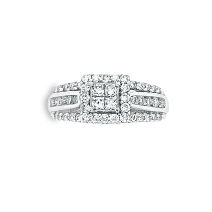 14K White Gold 1.00TDW Diamond Quad Princess Cut Halo Engagement Ring