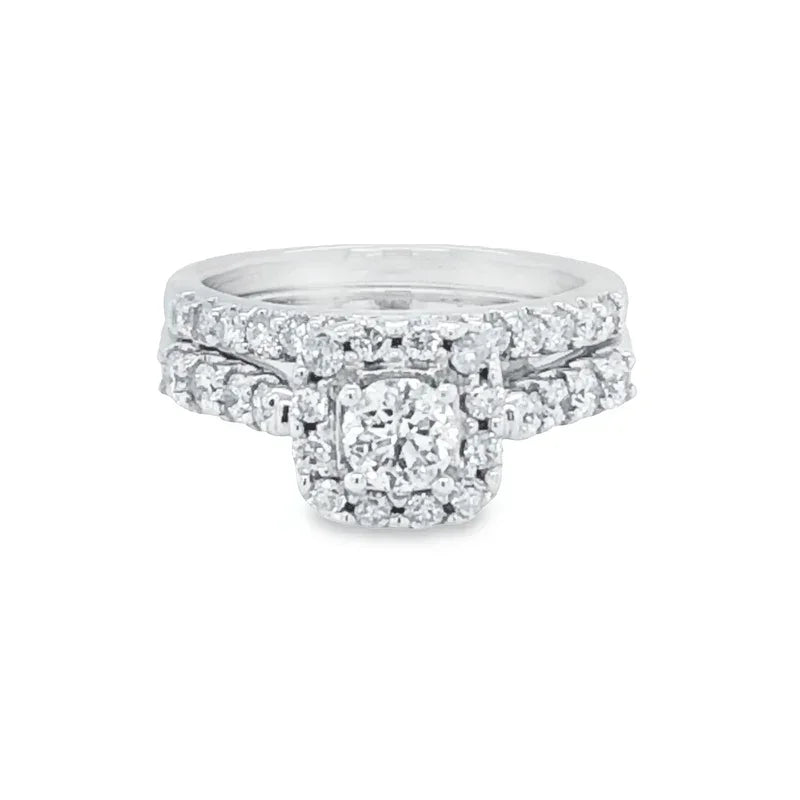 14k White Gold 1.50TDW Diamond Solitaire With Halo and Sides Diamonds Wedding Set