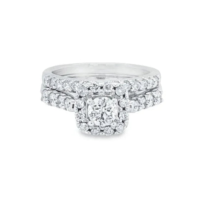 14k White Gold 1.50TDW Diamond Solitaire With Halo and Sides Diamonds Wedding Set