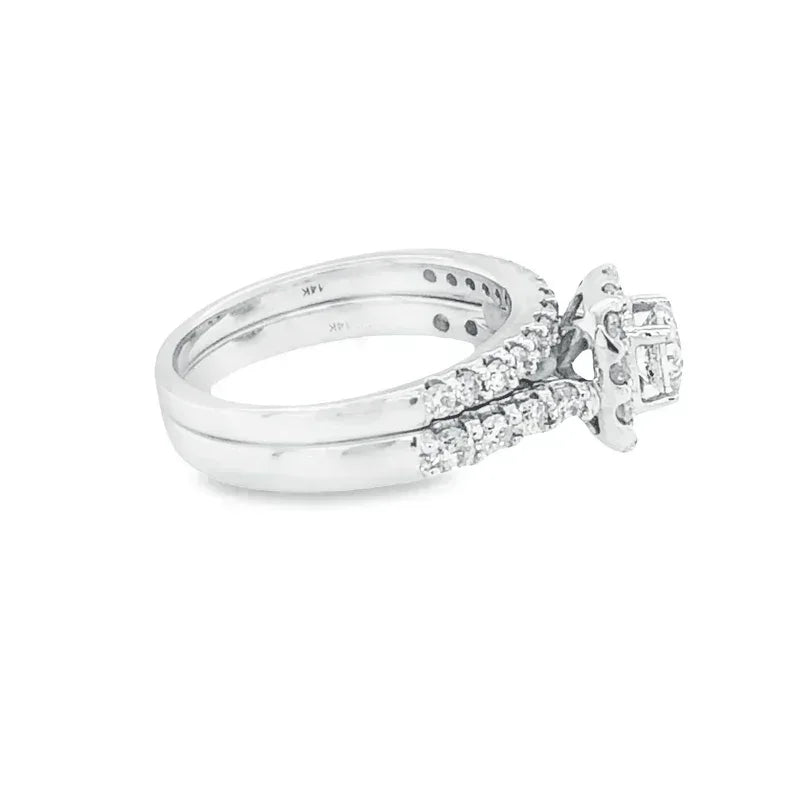 14k White Gold 1.50TDW Diamond Solitaire With Halo and Sides Diamonds Wedding Set