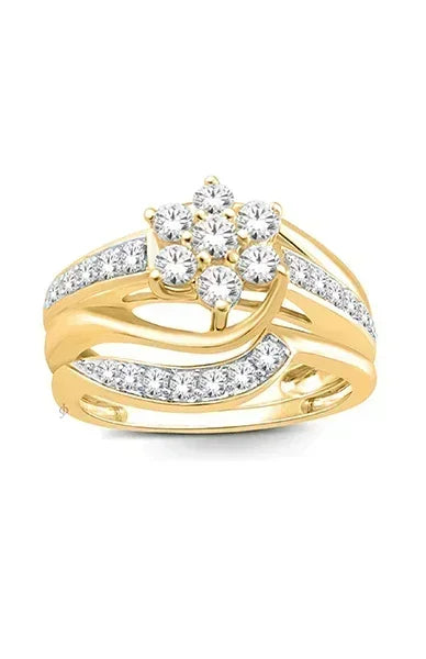 14K Yellow Gold 0.75TDW Diamond Flower Head Wedding Set
