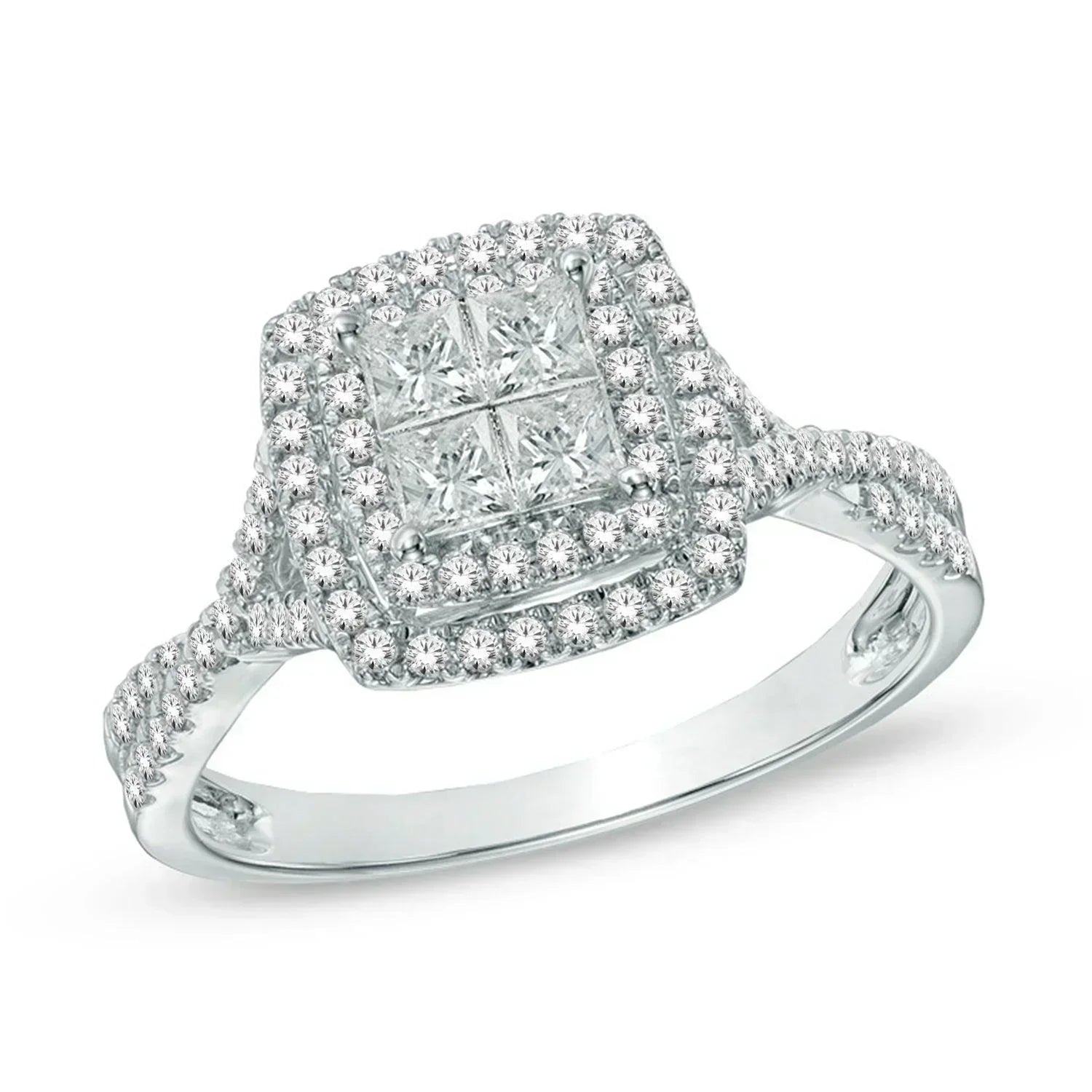 14K White Gold 1.00TDW Diamond Quad Double Halo Engagement Ring