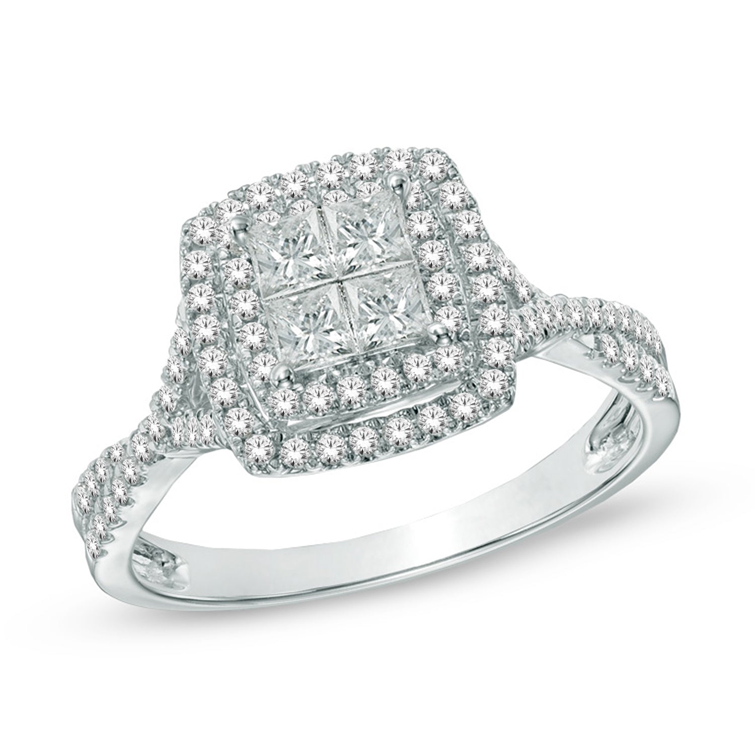 14K White Gold 1.00TDW Diamond Quad Double Halo Engagement Ring