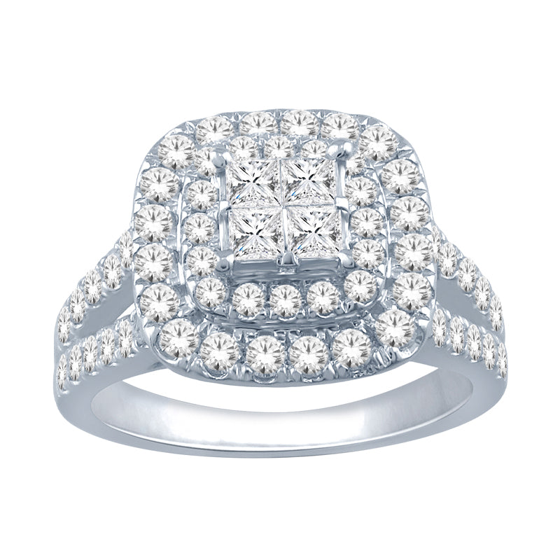 14k White 1.00TDW Diamond Double Halo Quad Engagement Ring