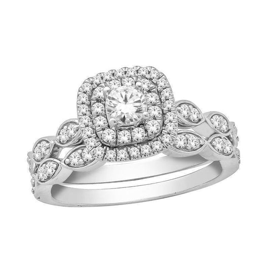 10K White Gold Bridal Set with 1.00TDW 54 Round Brilliant Cut Natural Diamonds