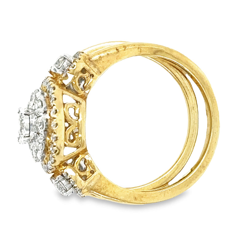 1.00TDW 10K Yellow Gold Diamond Halo Bridal Set with Round Center Stone