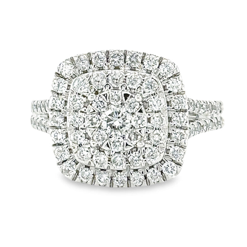 1.00TDW Round Diamond Halo Engagement Ring with Floral Center in 10K White Gold