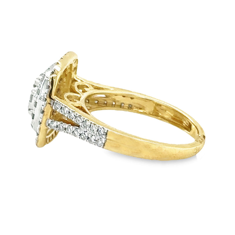 1.00TDW Round Diamond Halo Engagement Ring with Floral Center in 10K Yellow Gold