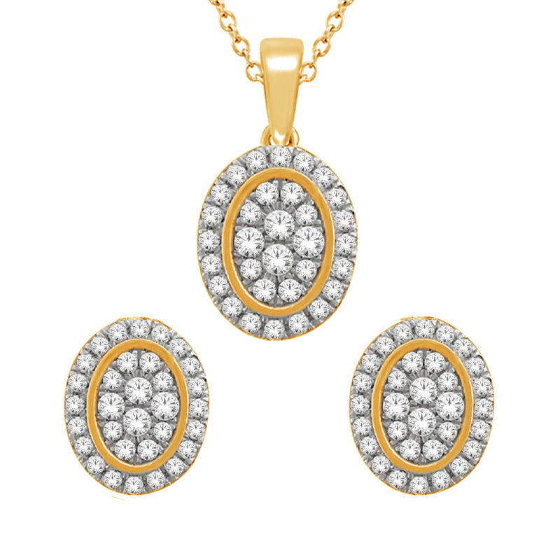 1.00TDW Round Diamond Pave Halo Earrings and Pendant Set in 14K Yellow Gold