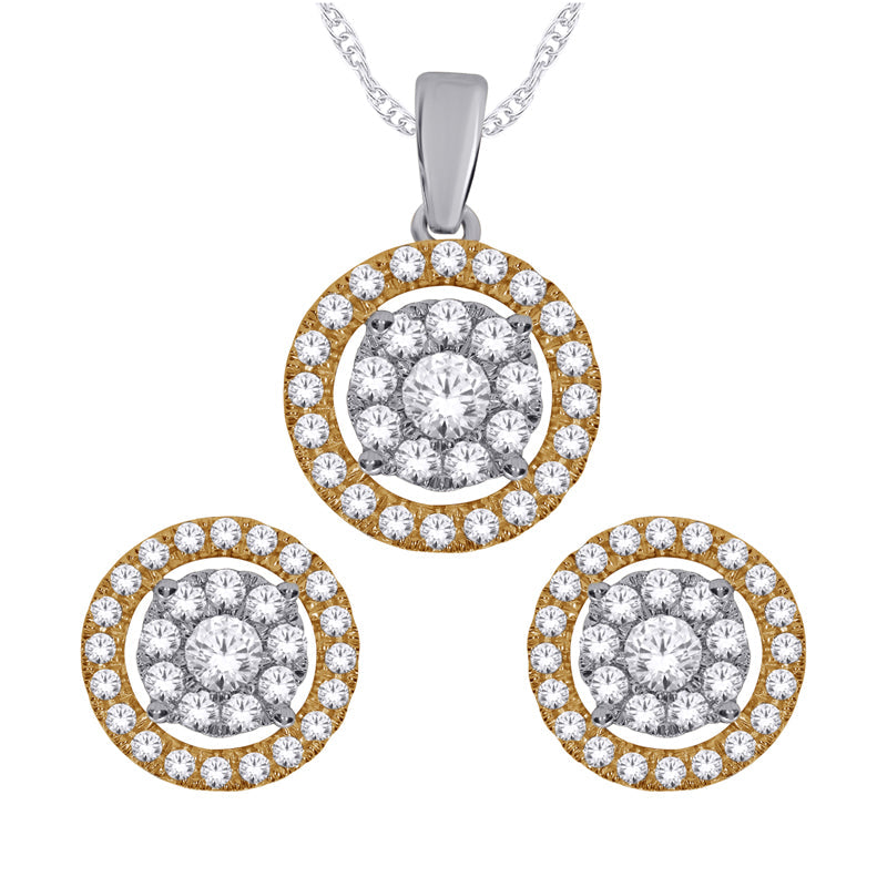 0.50TDW Round Diamond Halo Earrings and Pendant Set in 10K Yellow Gold