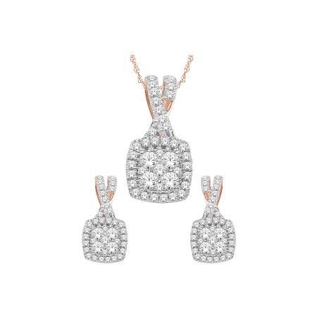 10 Karat Yellow Gold 0.50TDW Diamond Cushion Halo Tiny Dangle Earring and Pendant Set