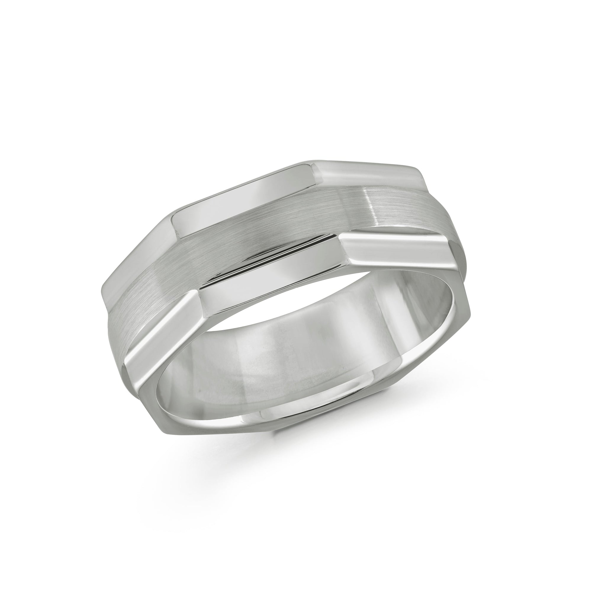 8mm White Tungsten Comfort Fit Wedding Band With Hex Shape Satin Finish