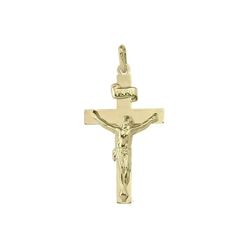10k, 14k Yellow Gold Flat Religious Italian Cross with Crucifix