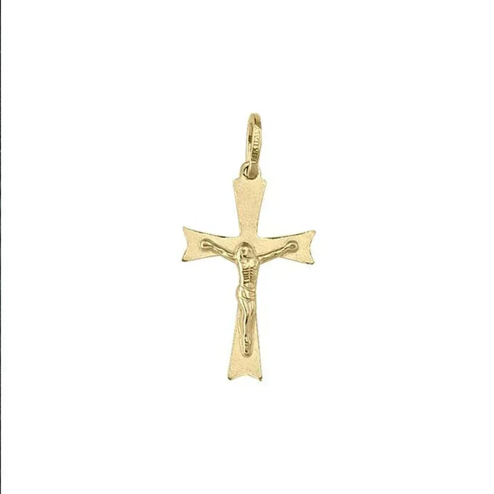 14 Karat Yellow Gold Flat Religious Classic Italian Cross Pendant with Crucifix