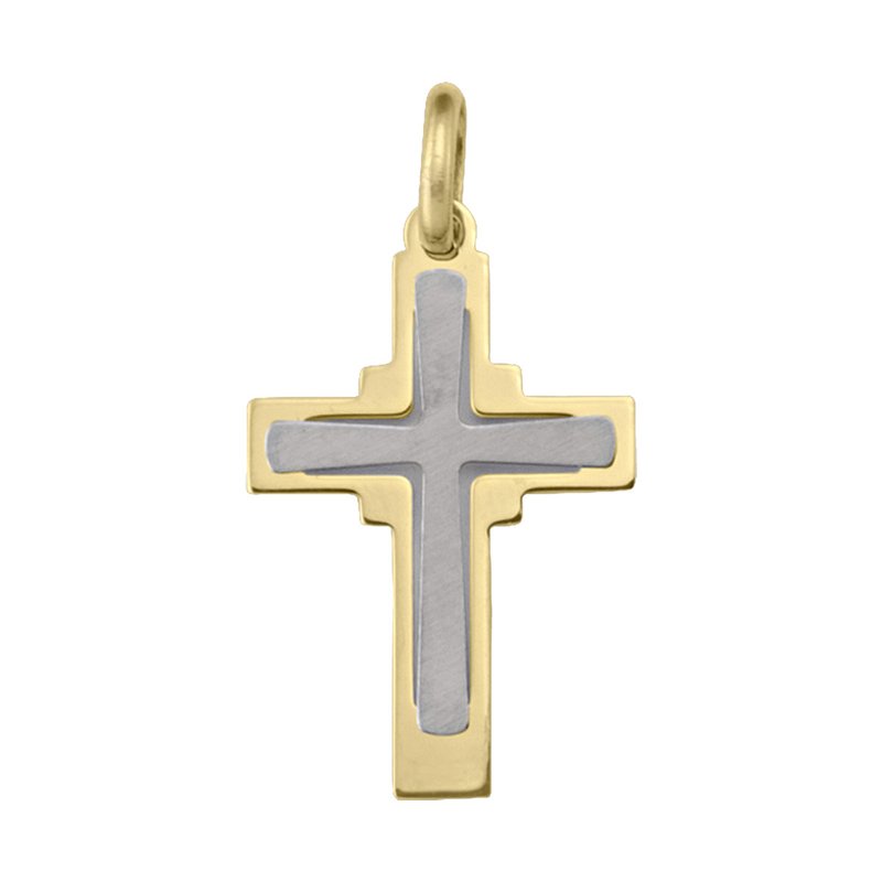 18k Yellow and White Gold Modern Religious Italian Cross