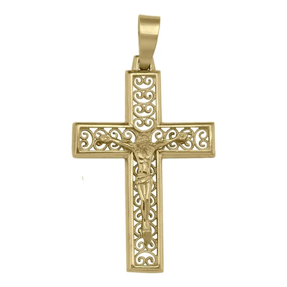18K Yellow Gold Solid Fancy Filgiri Pattern Religious Italian Cross with Crucifix