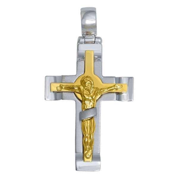 14k White Gold Fancy Religious Italian Cross with Yellow Gold Crucifix