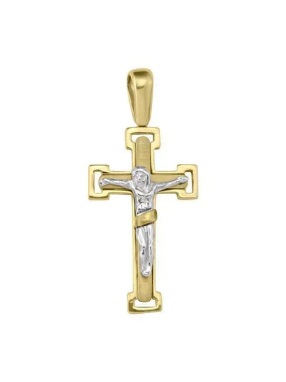 14k Yellow Gold Fancy Religious Italian Cross with White Gold Crucifix