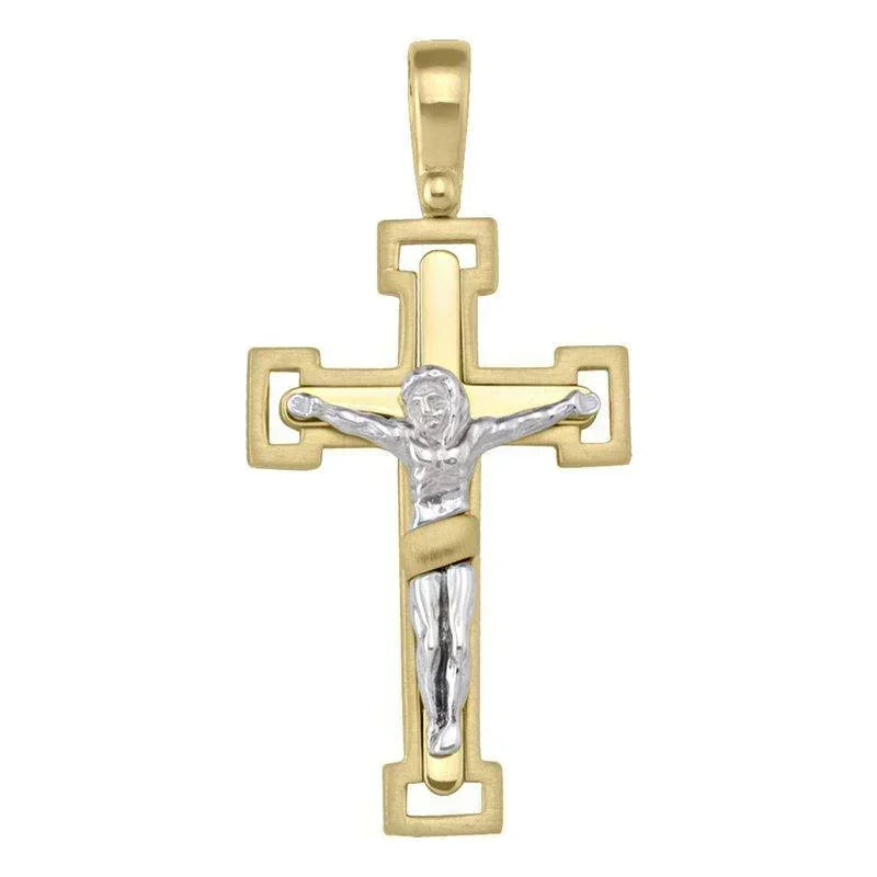 14k Yellow Gold Fancy Religious Italian Cross with White Gold Crucifix