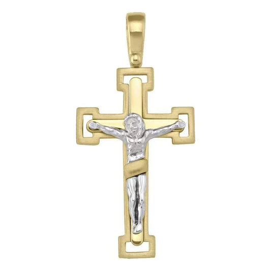 14k Yellow Gold Fancy Religious Italian Cross with White Gold Crucifix