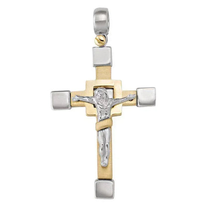 14k White and Yellow Gold Fancy Religious Italian Cross With Crucifix
