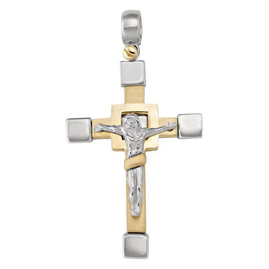 14k White and Yellow Gold Fancy Religious Italian Cross With Crucifix