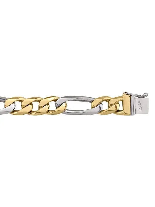 10, 14 Karat Fancy Two Tone Yellow and White Gold Figaro Link 9.2mm Bracelet