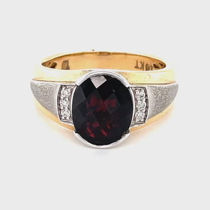 14K Yellow And White Gold 0.08CT Diamond and Oval Garnet Ring With Sand Blast Finish Sides