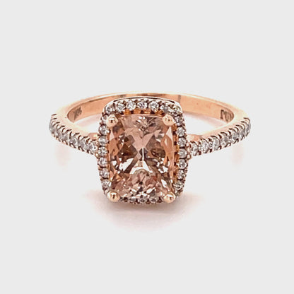 10K Rose Gold 0.35TDW Diamond And Emerald Cut Morganite Halo Solitaire Ring