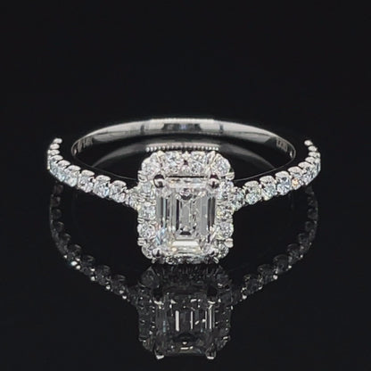 14K White Gold 1.04TDW Emerald Cut Lab Grown Diamond Solitaire Ring with Halo and Sides
