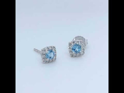 10k White Gold Blue Topaz and Diamond Halo Earrings