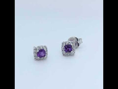 10k White Gold Amethyst and Diamond Halo Earrings