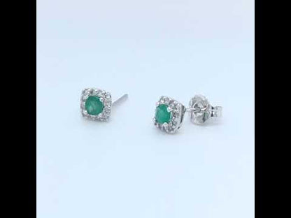10k White Gold Emerald and Diamond Halo Earrings